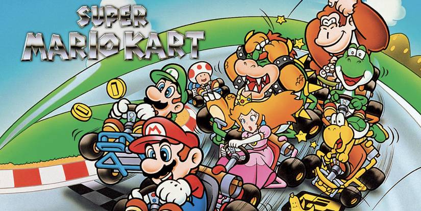 Promo art featuring characters in Super Mario Kart