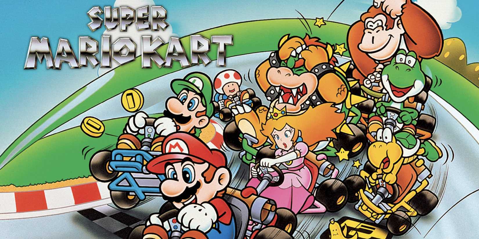 Promo art featuring characters in Super Mario Kart