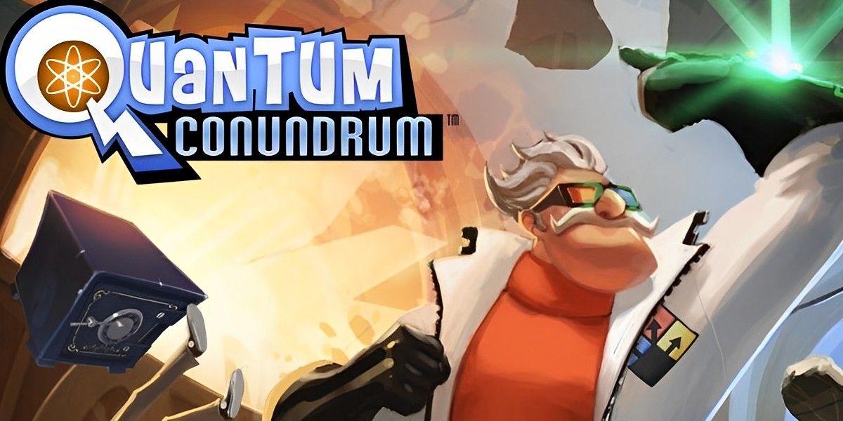 Box art from Quantum Conundrum with a mad scientist and floating objects