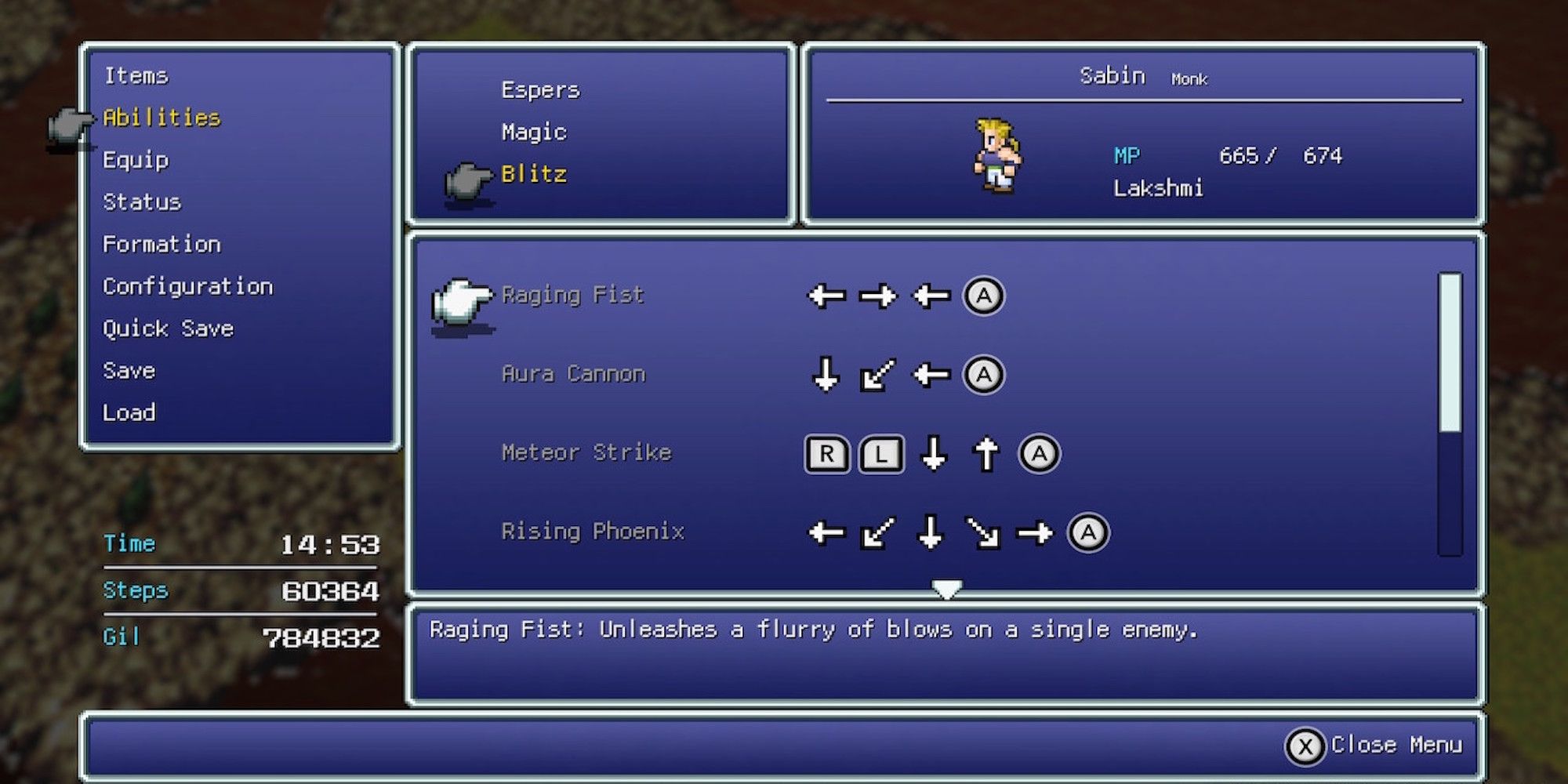 Raging Fist, Sabin’s ability in Final Fantasy 6