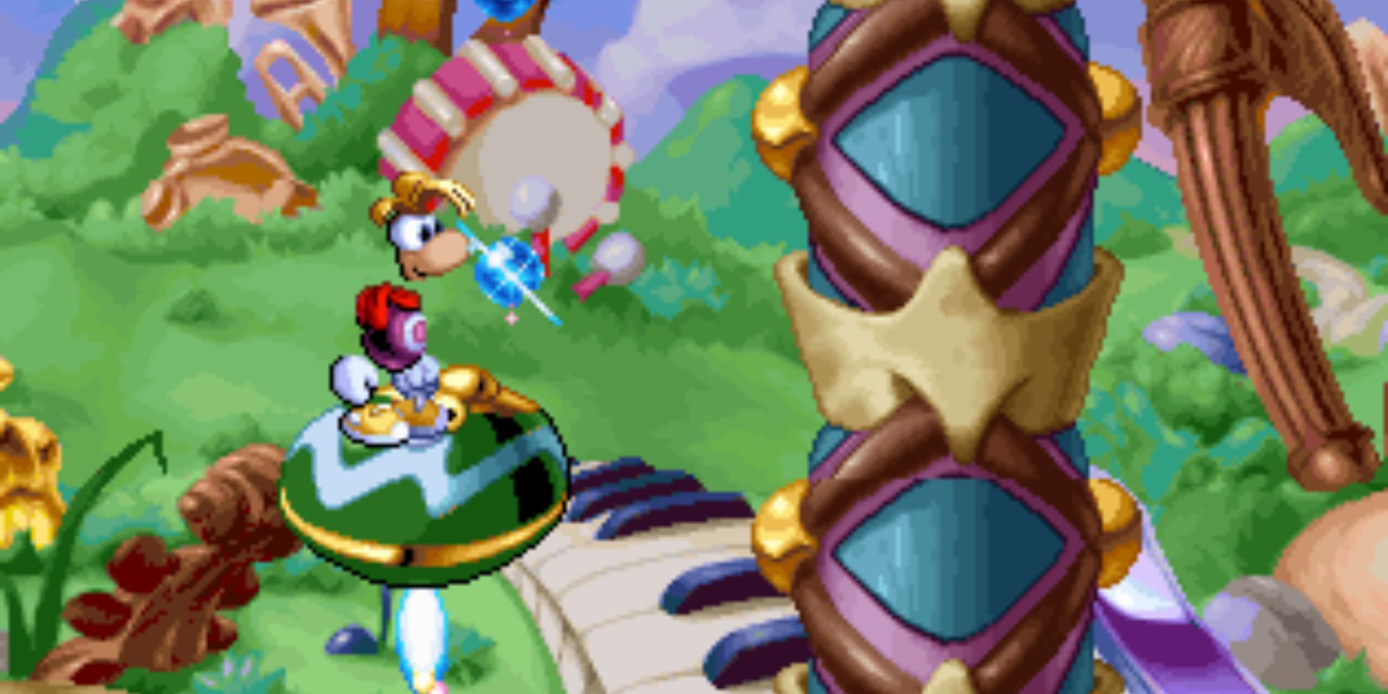 Rayman on a castanet platform in Band Land
