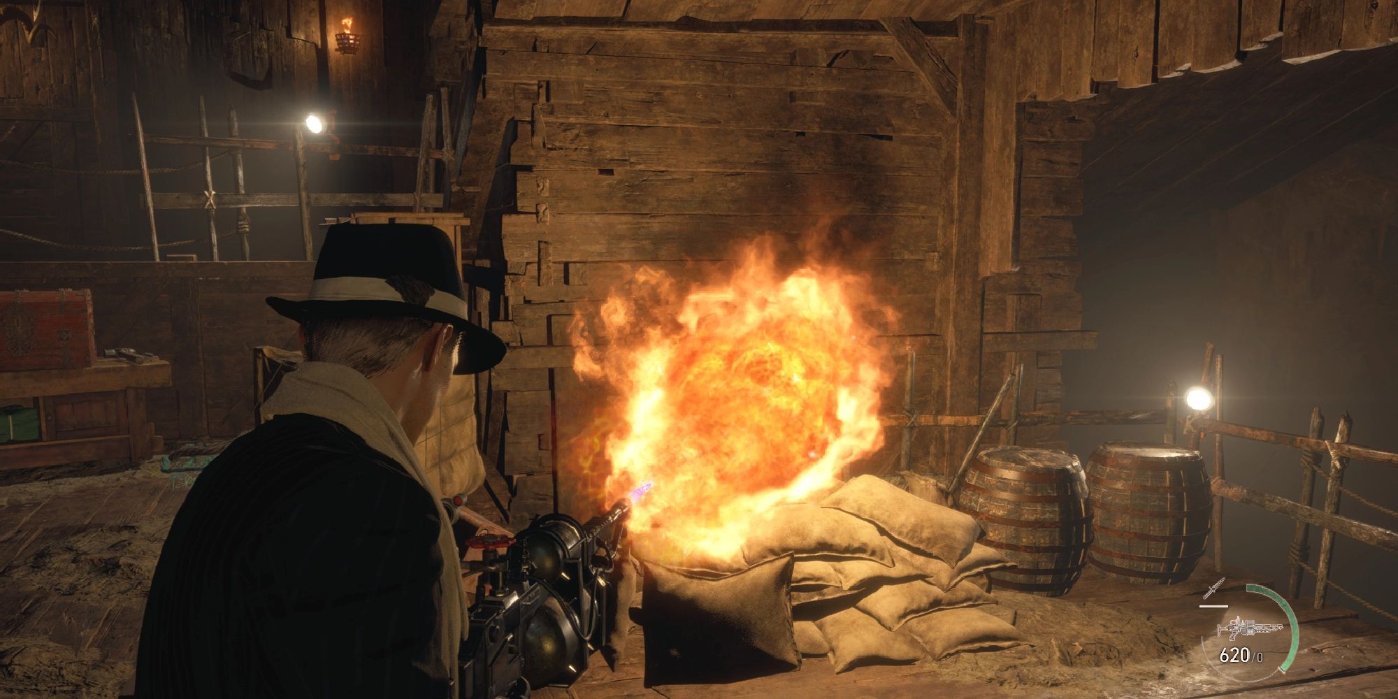 Leon firing a flamethrower