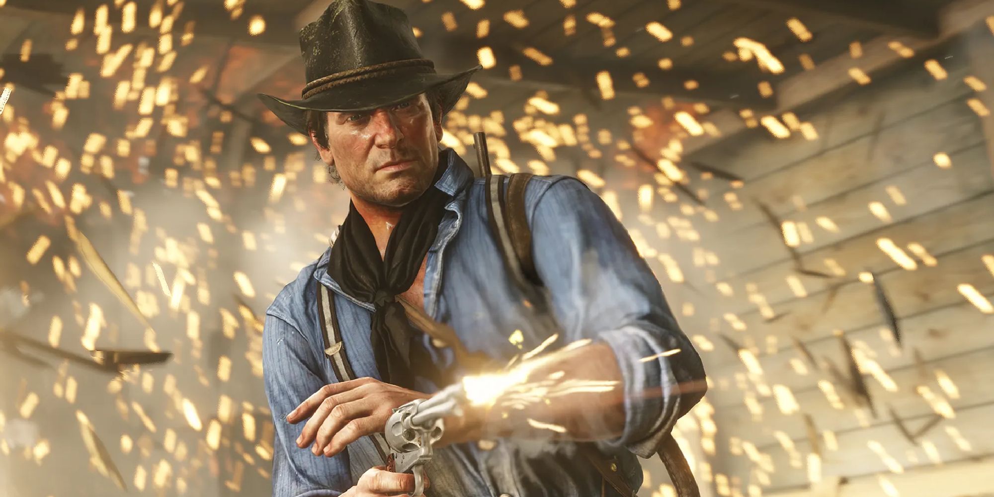 Arthur Morgan fanning the hammer of his revolver at an unseen opponent in Red Dead Redemption 2