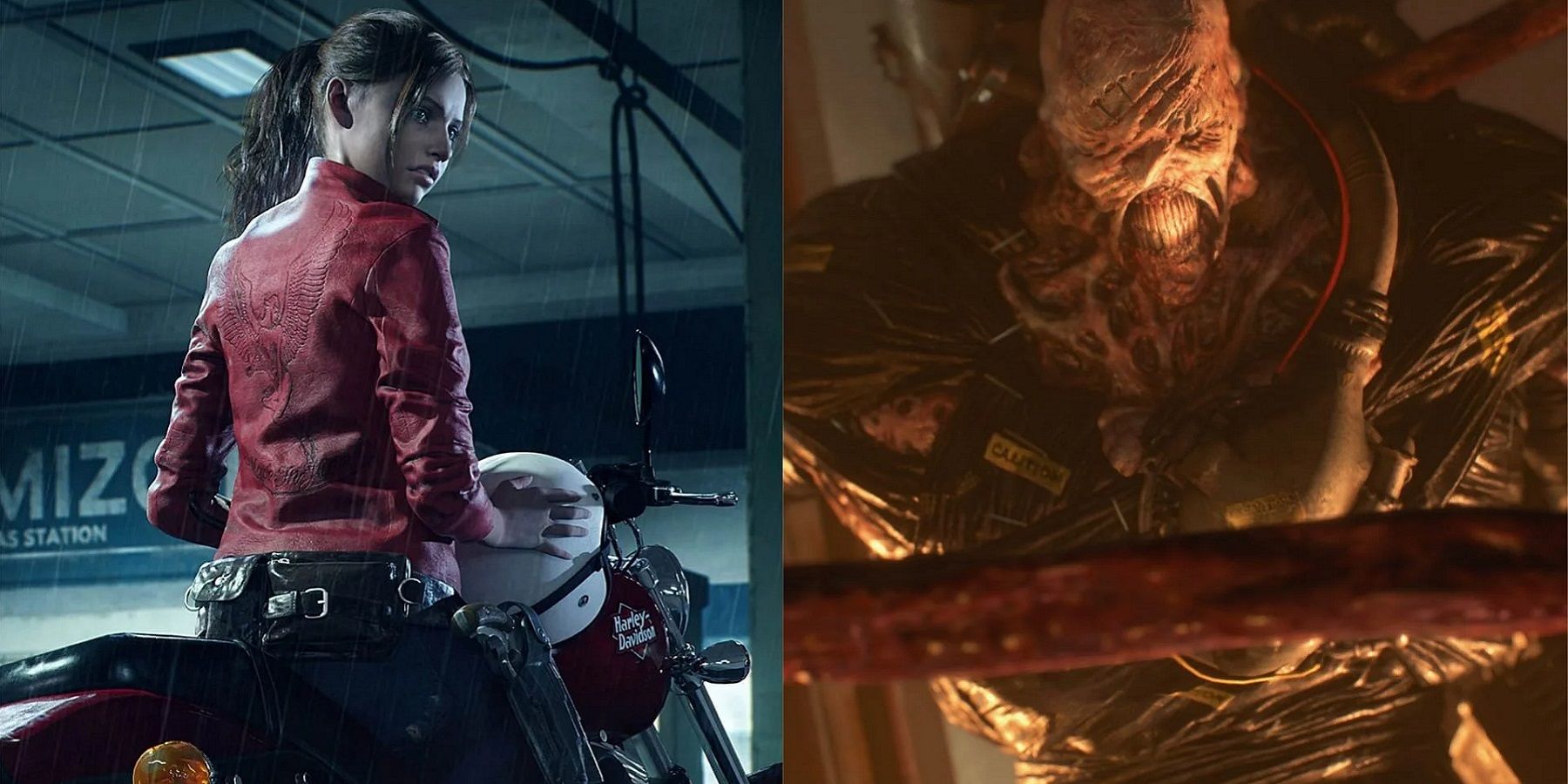 Spliced image showing Claire Redfield from Resident Evil 2 on the left and Nemesis from Resident Evil 3 on the right.
