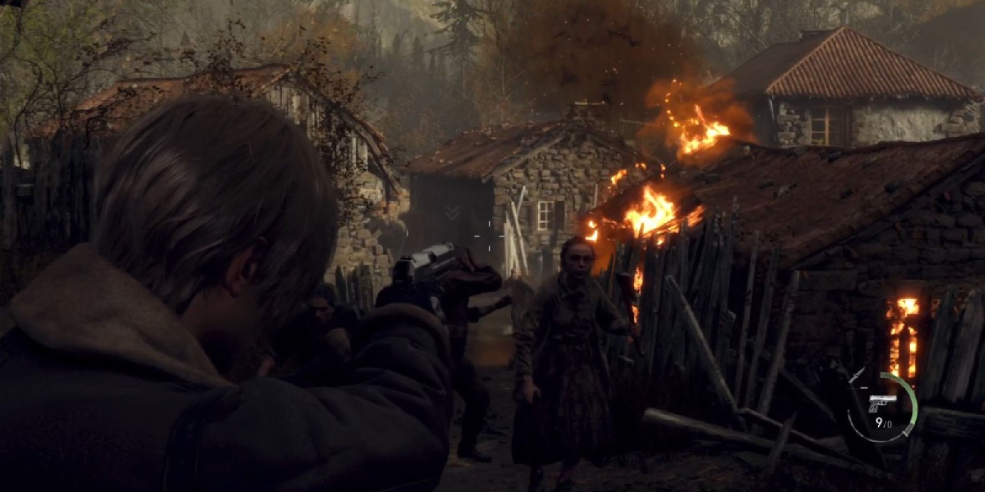 Leon facing off against the ganados in the village segment of RE4.