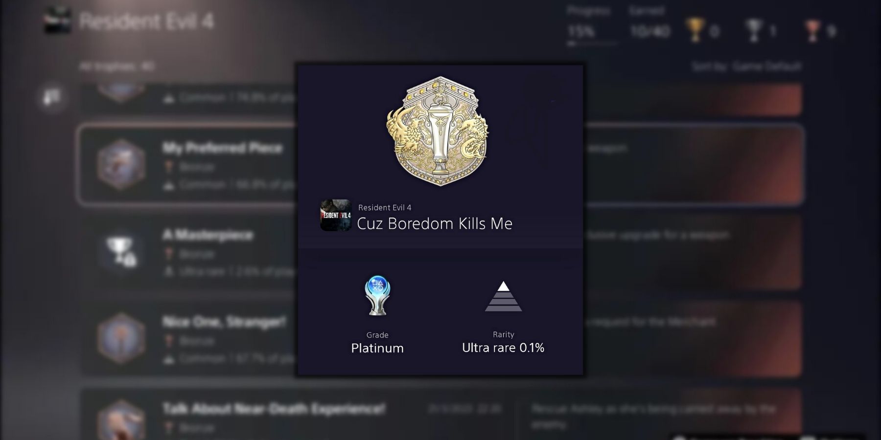 image showing the platinum trophy and achievement in the re4 remake.