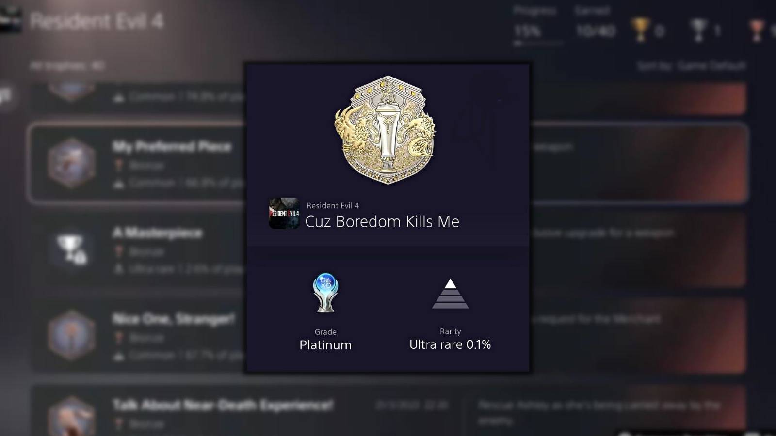 image showing the platinum trophy and achievement in the re4 remake.