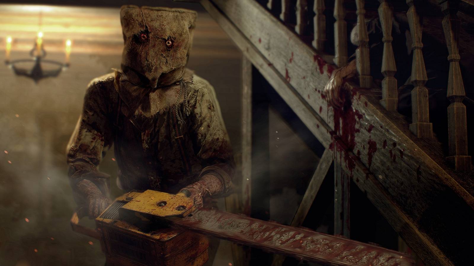 Image from the remake of Resident Evil 4 showing the Chainsaw Man.