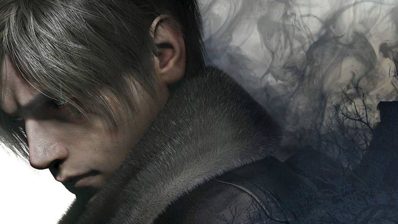 Image from the remake of Resident Evil 4 showing a close-up of Leon Kennedy with black smoke behind him.