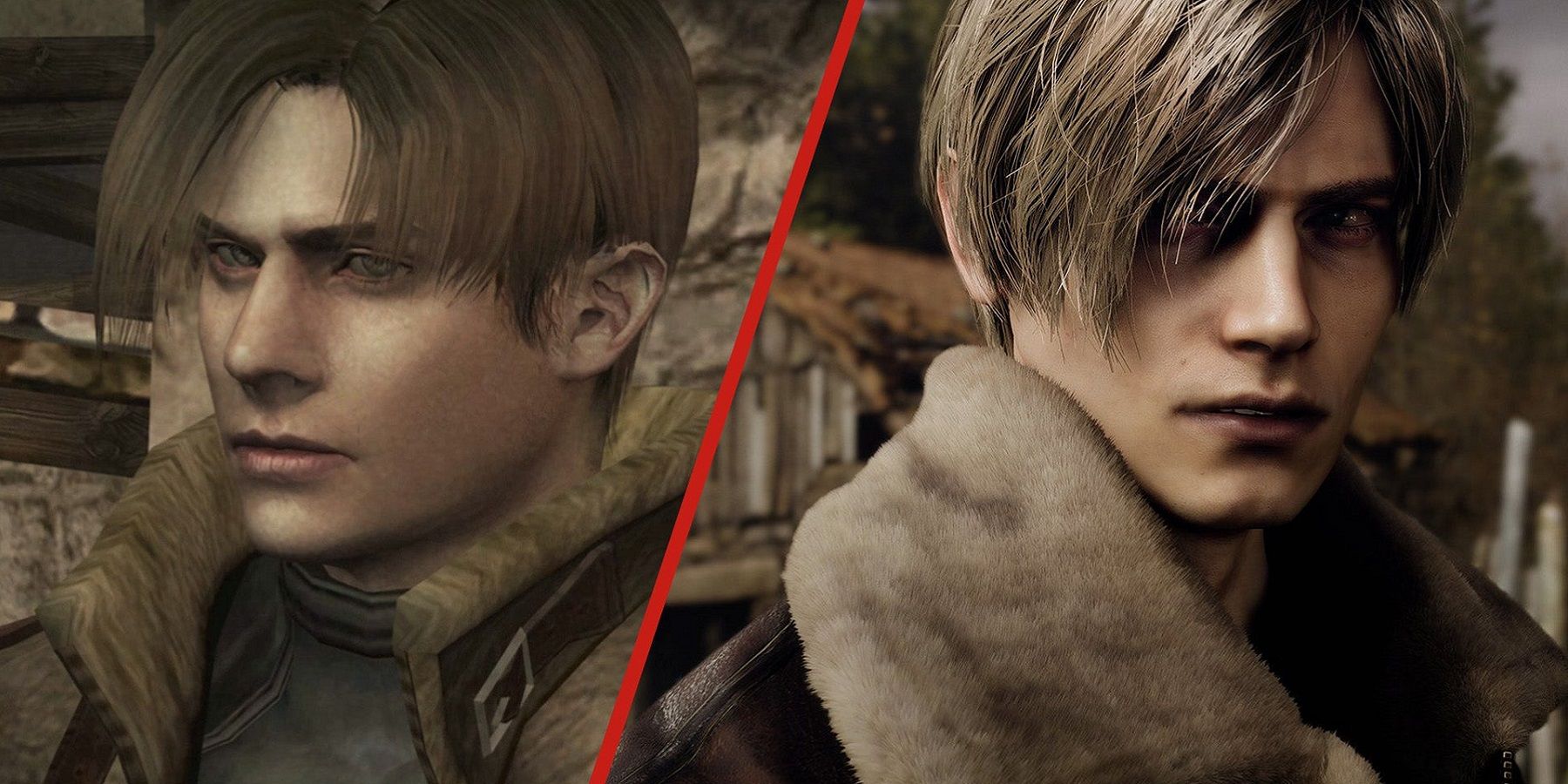 Split image from Resident Evil 4 and the remake showing the original Leon Kennedy and the remade version side-by-side.
