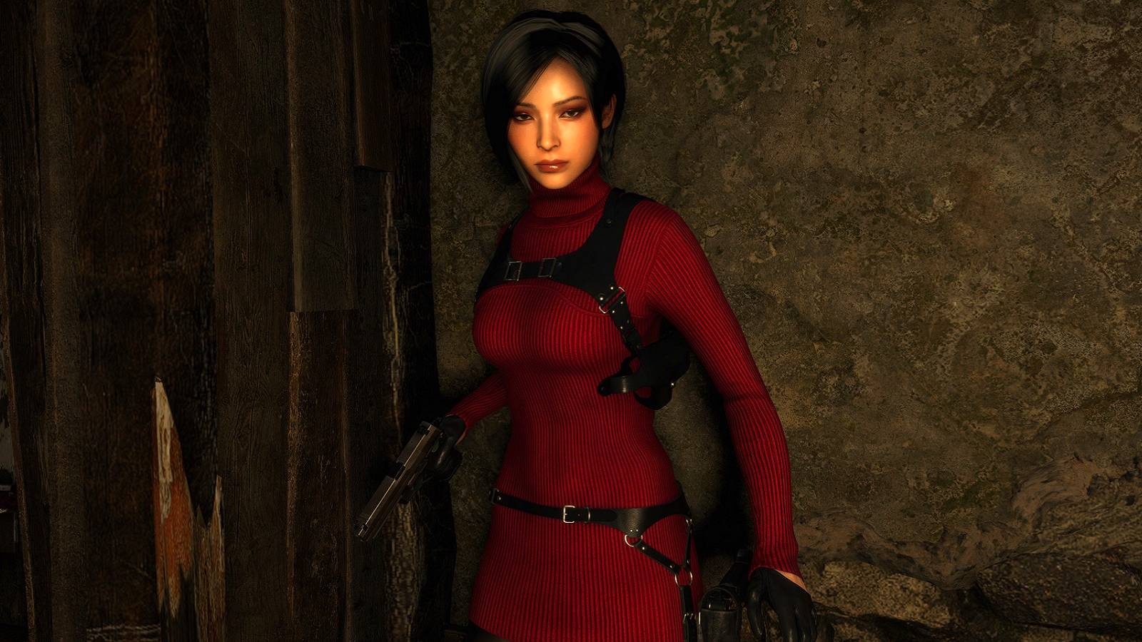 Image from the remake of Resident Evil 4 showing Ada Wong holding a pistol.