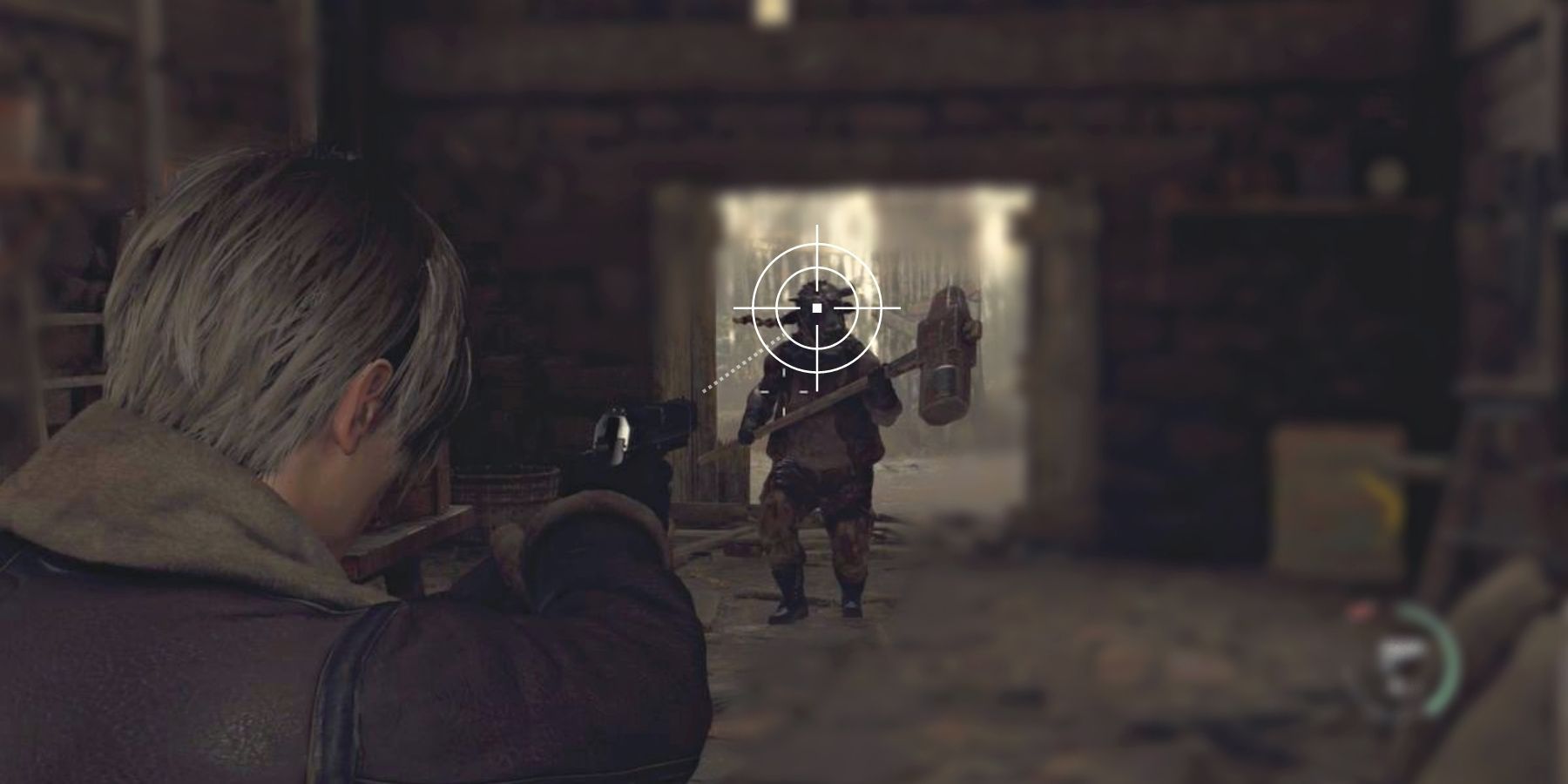 image showing leon aiming at an enemy in the resident evil 4 remake. 