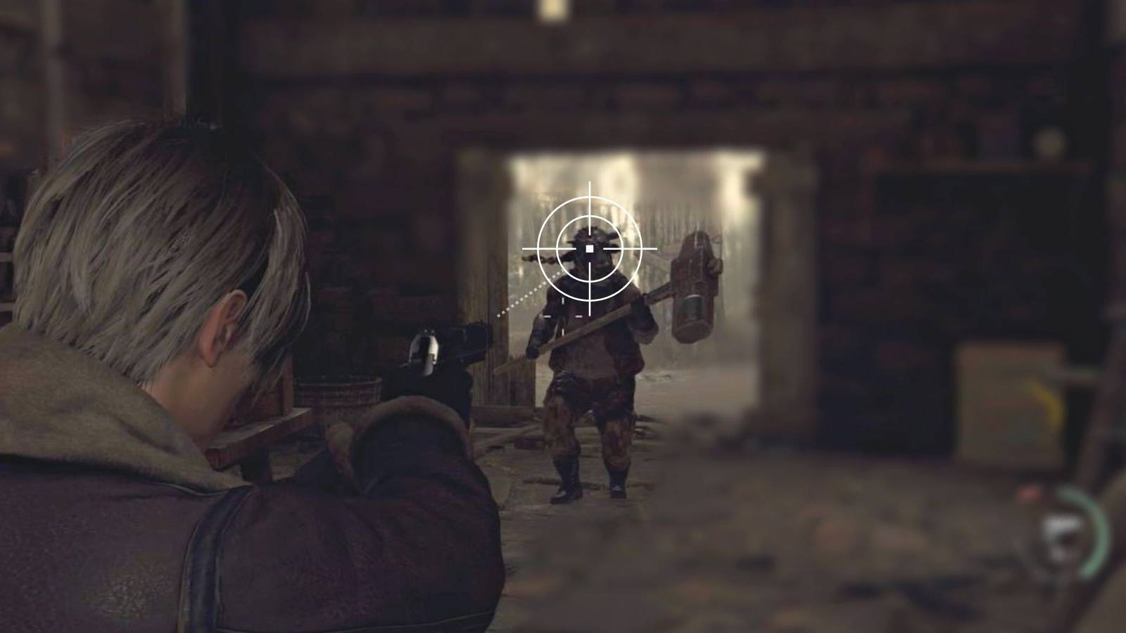 image showing leon aiming at an enemy in the resident evil 4 remake. 