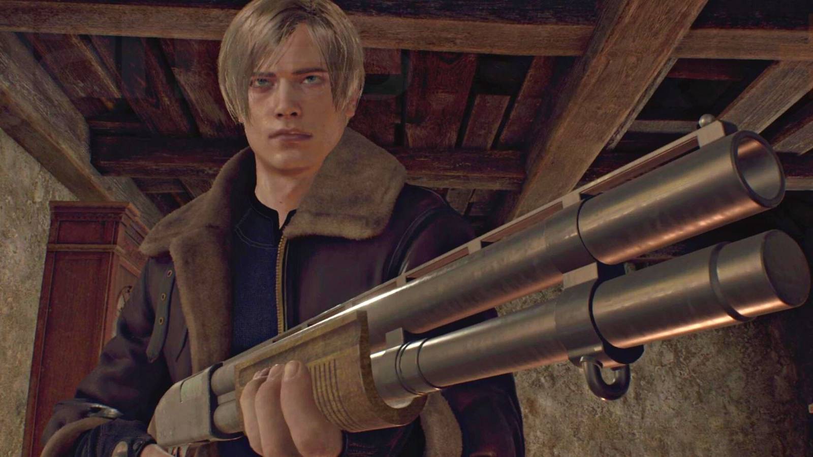 image showing leon holding a shotgun in the re4 remake.
