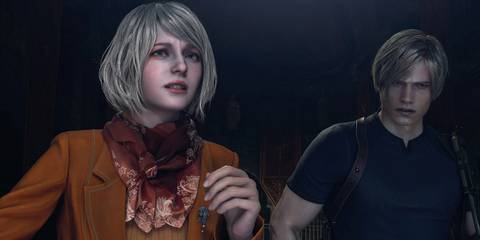 Image from the remake of Resident Evil 4 showing Ashely Graham and Leon Kennedy looking concerned.