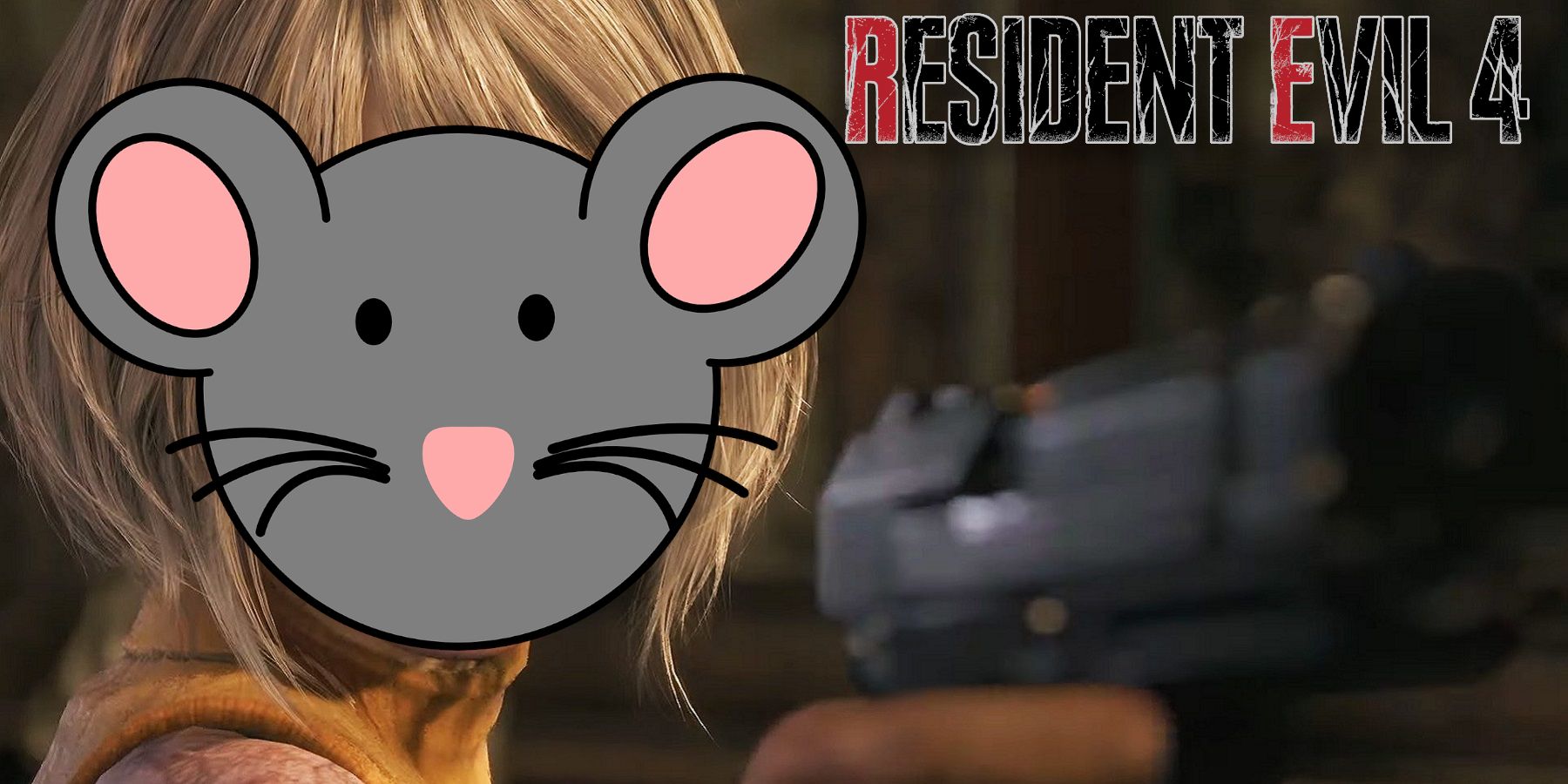 Image from the Resident Evil 4 remake showing Ashley with a cartoon mouse face.