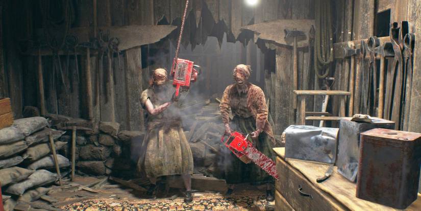 Image from the Resident Evil 4 remake showing the Chainsaw Sisters advancing.