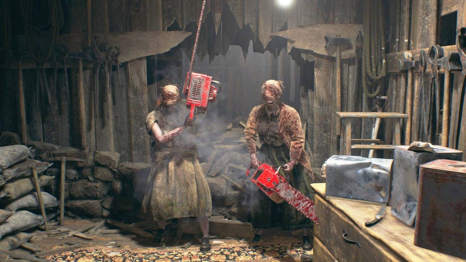 Image from the Resident Evil 4 remake showing the Chainsaw Sisters advancing.