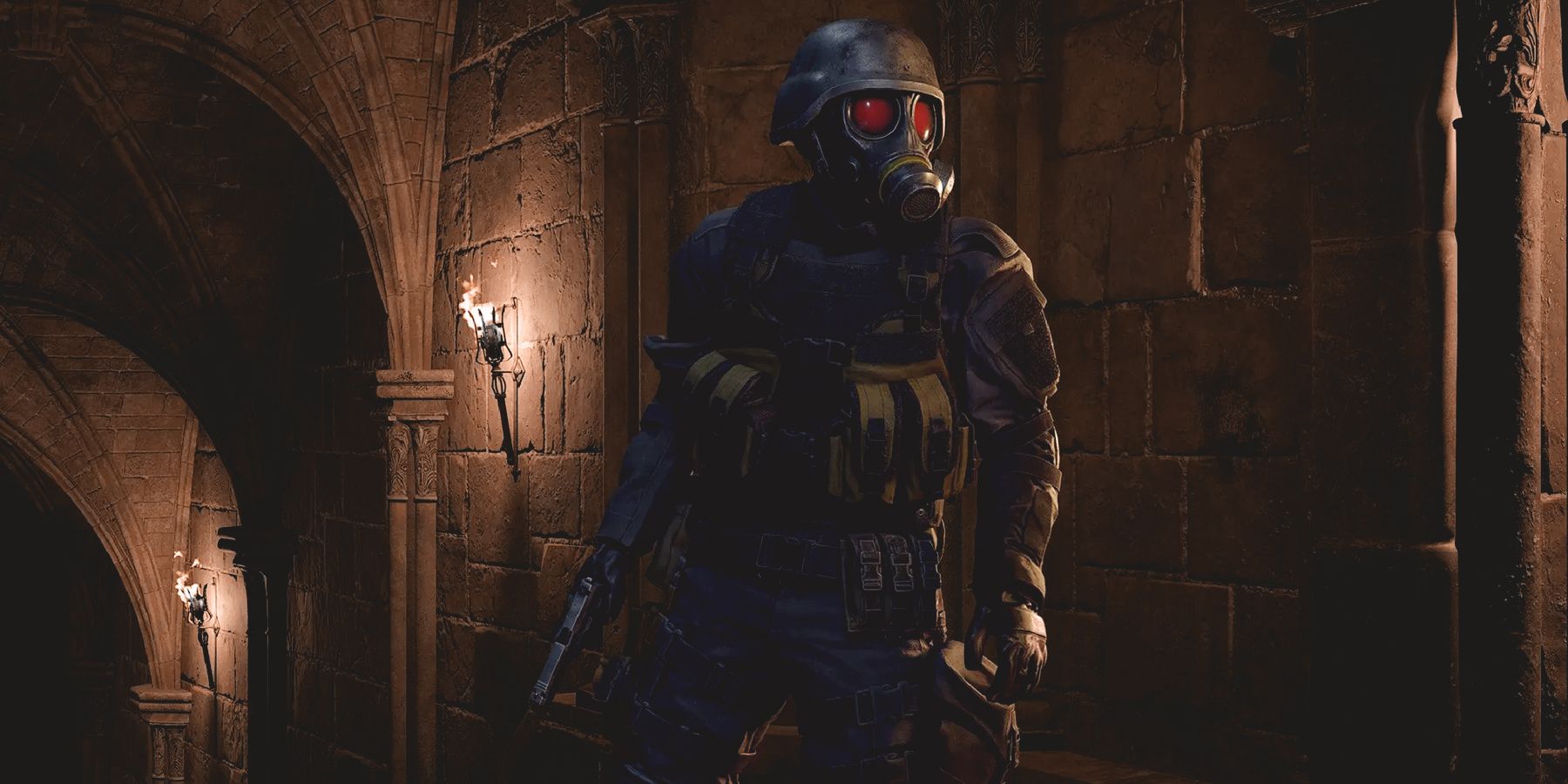 Resident Evil 4 remake Hunk in torch-lit dungeon