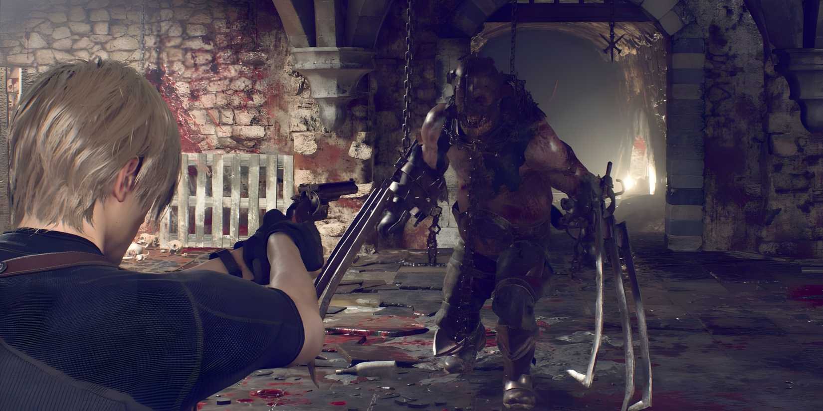 Leon fighting a Garrador in the Resident Evil 4 remake
