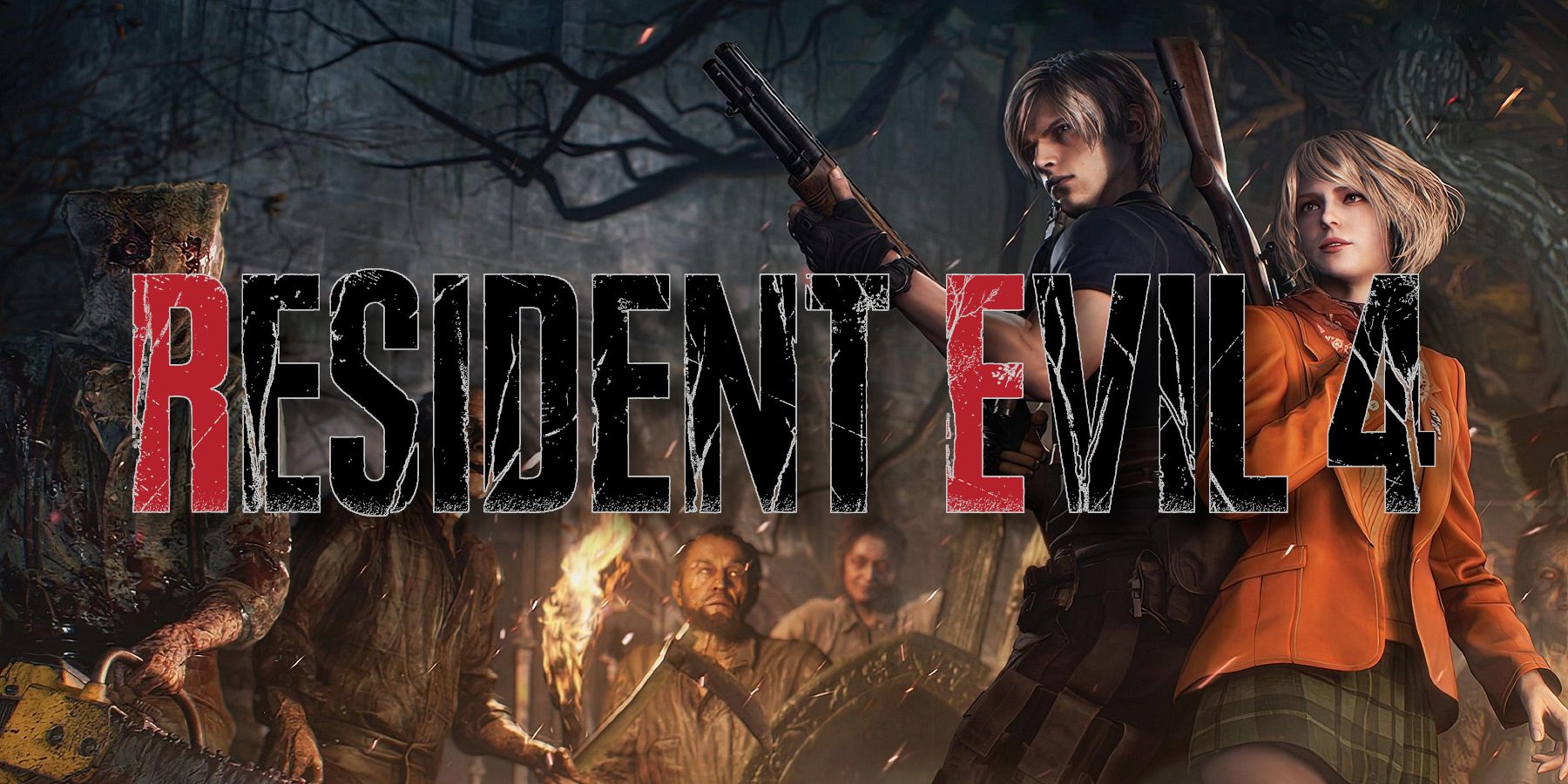 Resident Evil 4 remake logo with Leon Kennedy and Ashley Graham in the background.