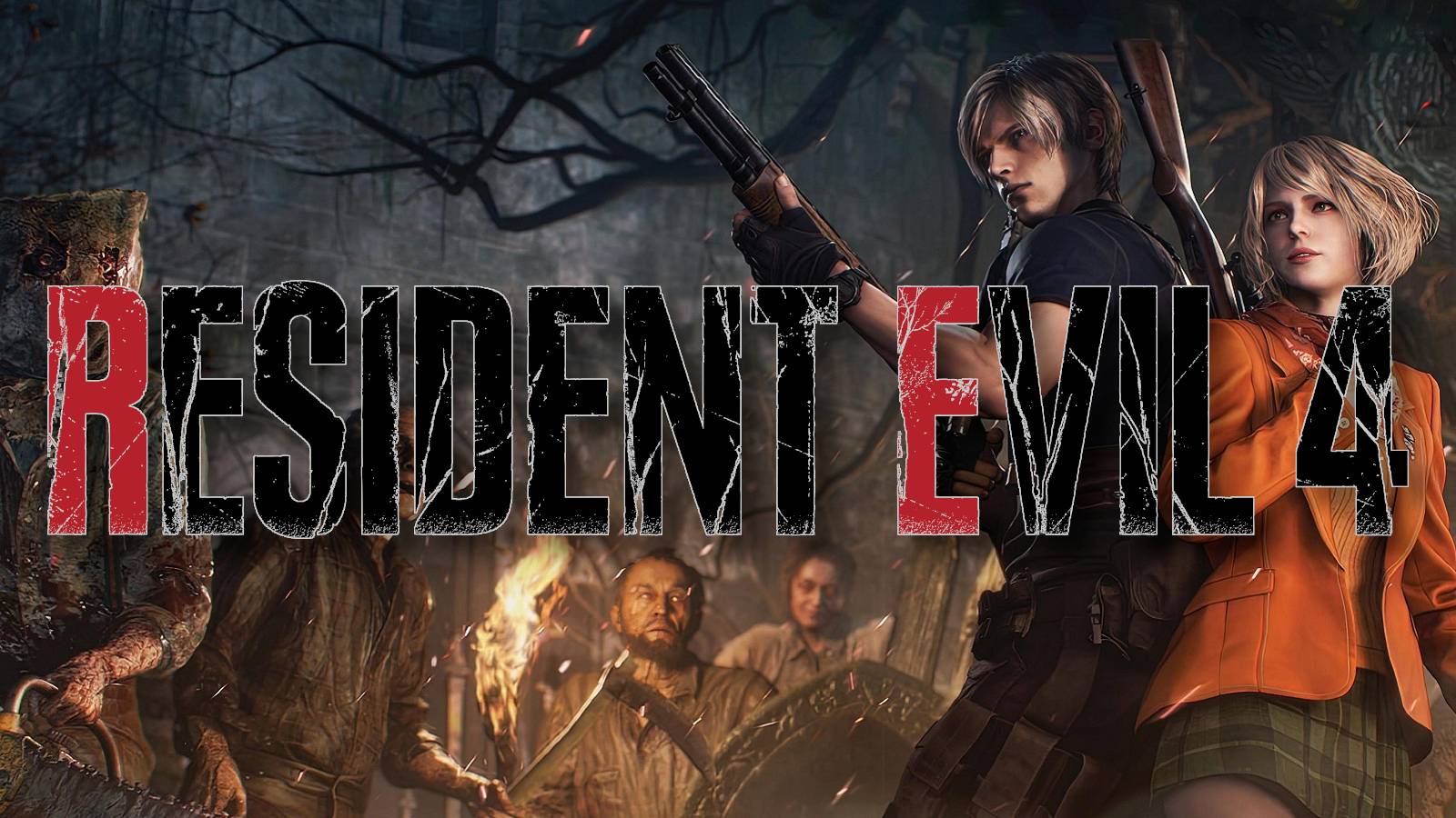 Resident Evil 4 remake logo with Leon Kennedy and Ashley Graham in the background.