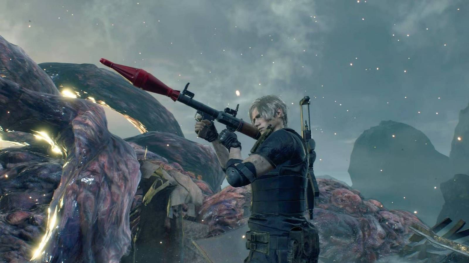 Image from the remake of Resident Evil 4 showing Leon Kennedy holding the rocket launcher.