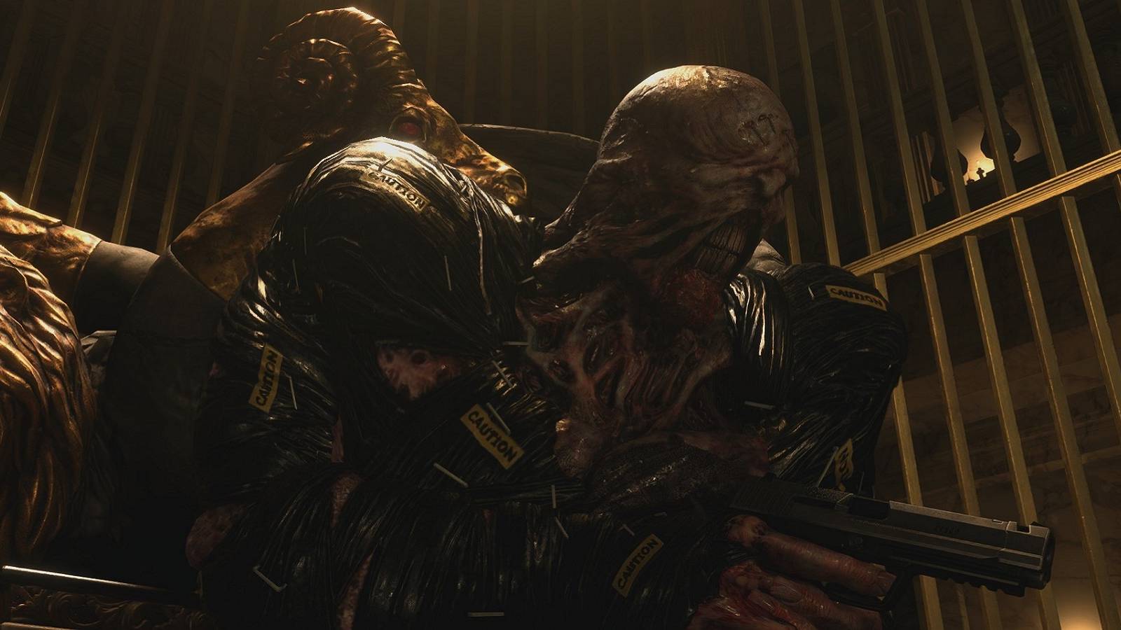 Image from the remake of Resident Evil 4 showing RE3's Nemesis holding a pistol.