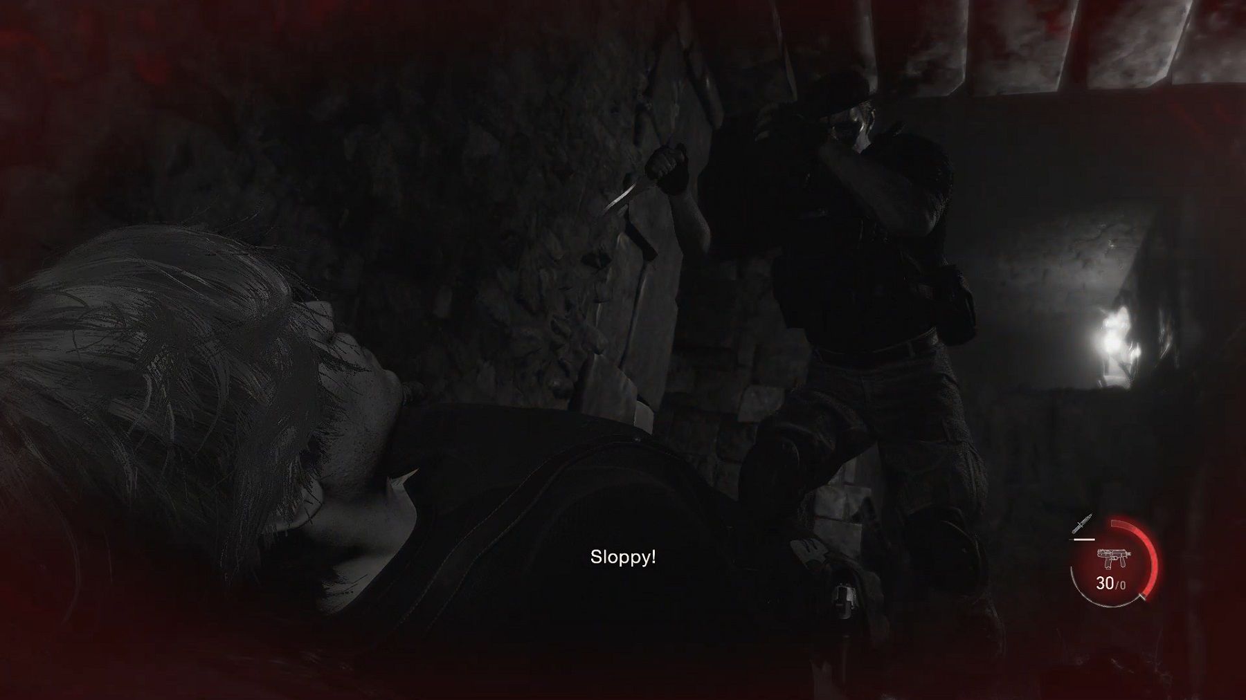 Black and white image from the Resident Evil 4 remake showing Leon Kennedy on the ground as Major Krauser is about to attack.