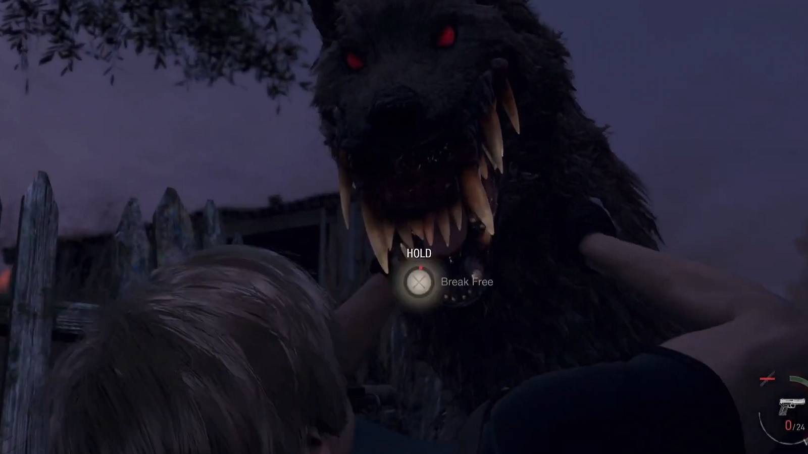 Screenshot from the Resident Evil 4 remake showing Leon being attacked by a wolf.