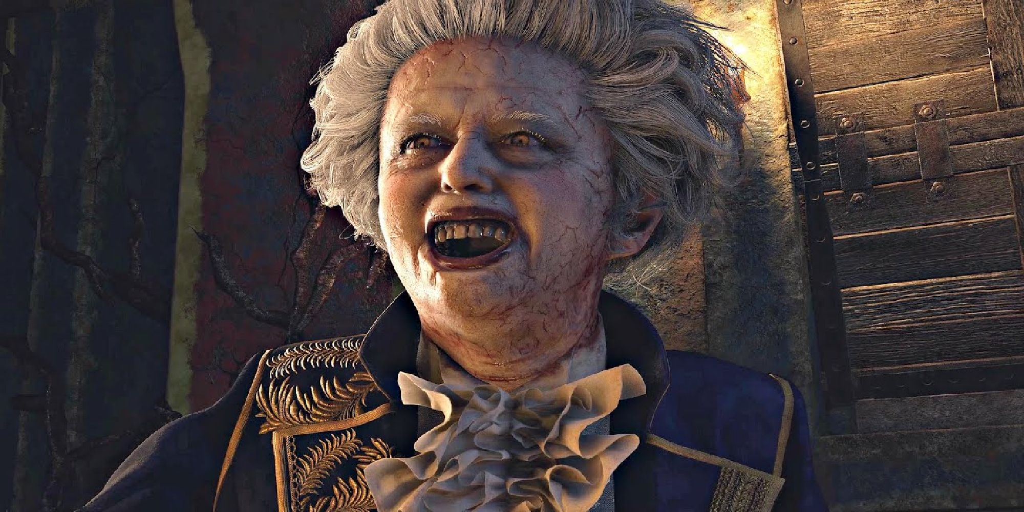 Roman from the remake of Resident Evil 4, his mouth spread in a toothy grin. 