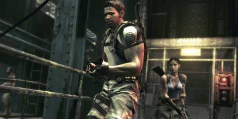Chris marching forward with a gun level as Sheva follows behind in Resident Evil 5