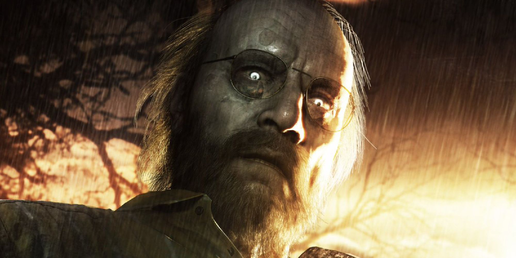 Jack Baker from Resident Evil, looking down at the camera with glowing, piercing eyes. 