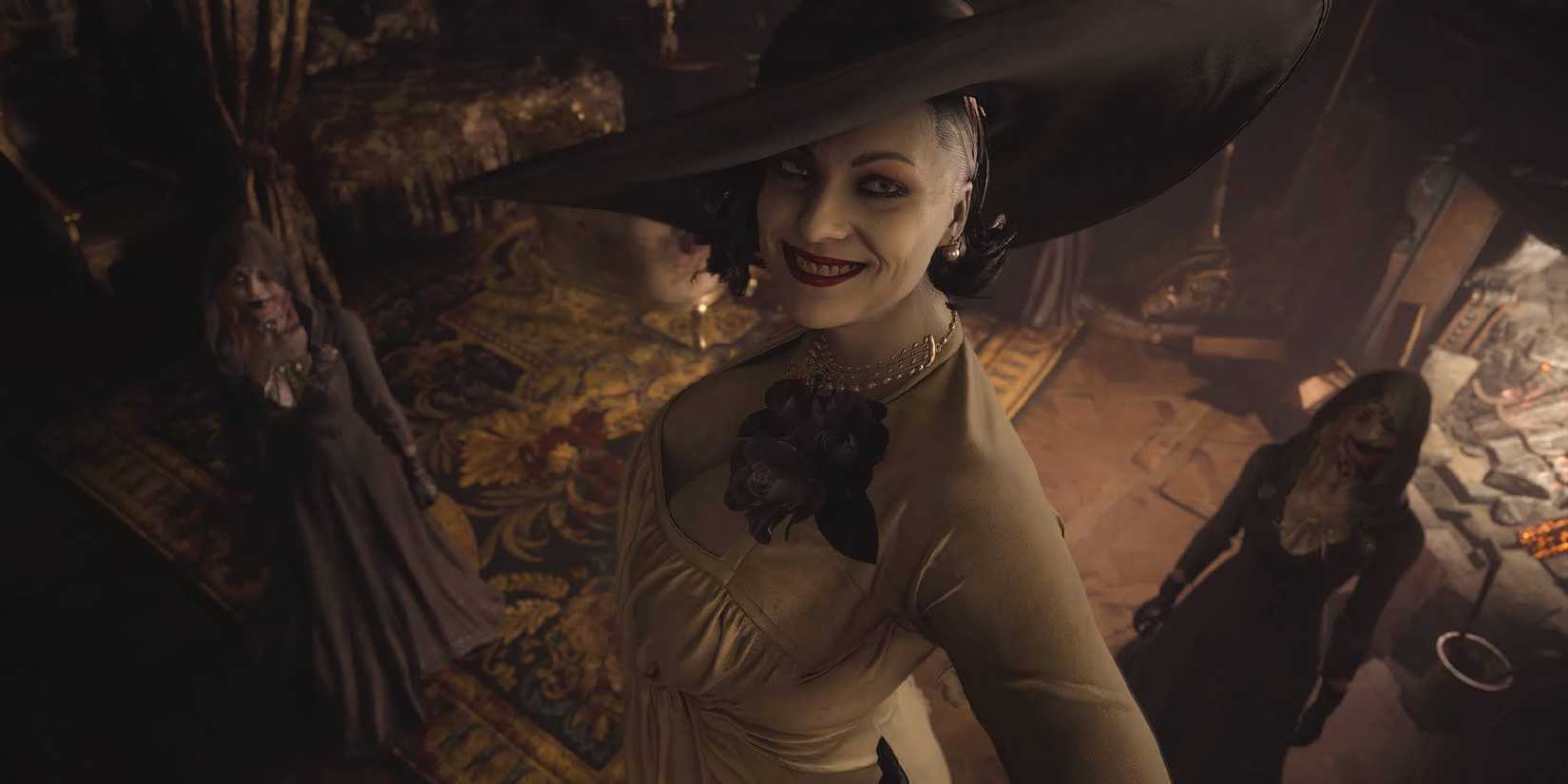 Lady Dimitrescu looking up at the captive Ethan with a wide grin. Two of her daughters can be seen in the background.