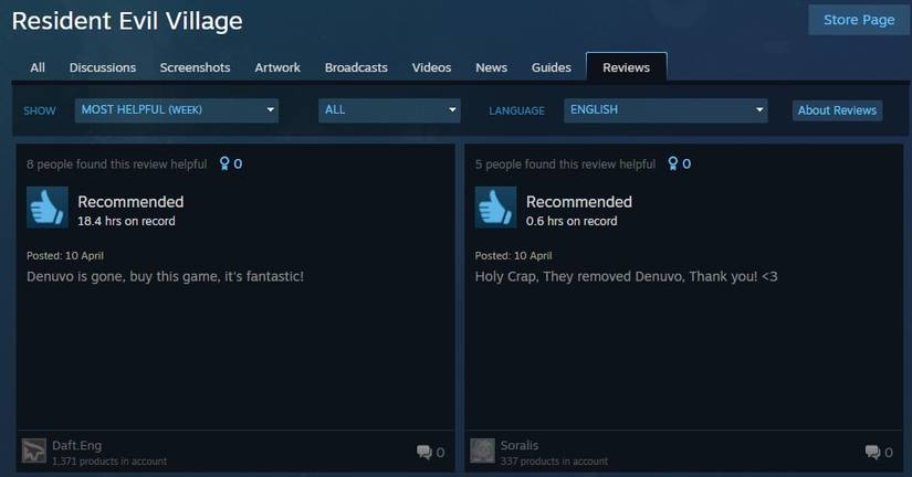 Resident Evil Village Denuvo removal Steam testimonies