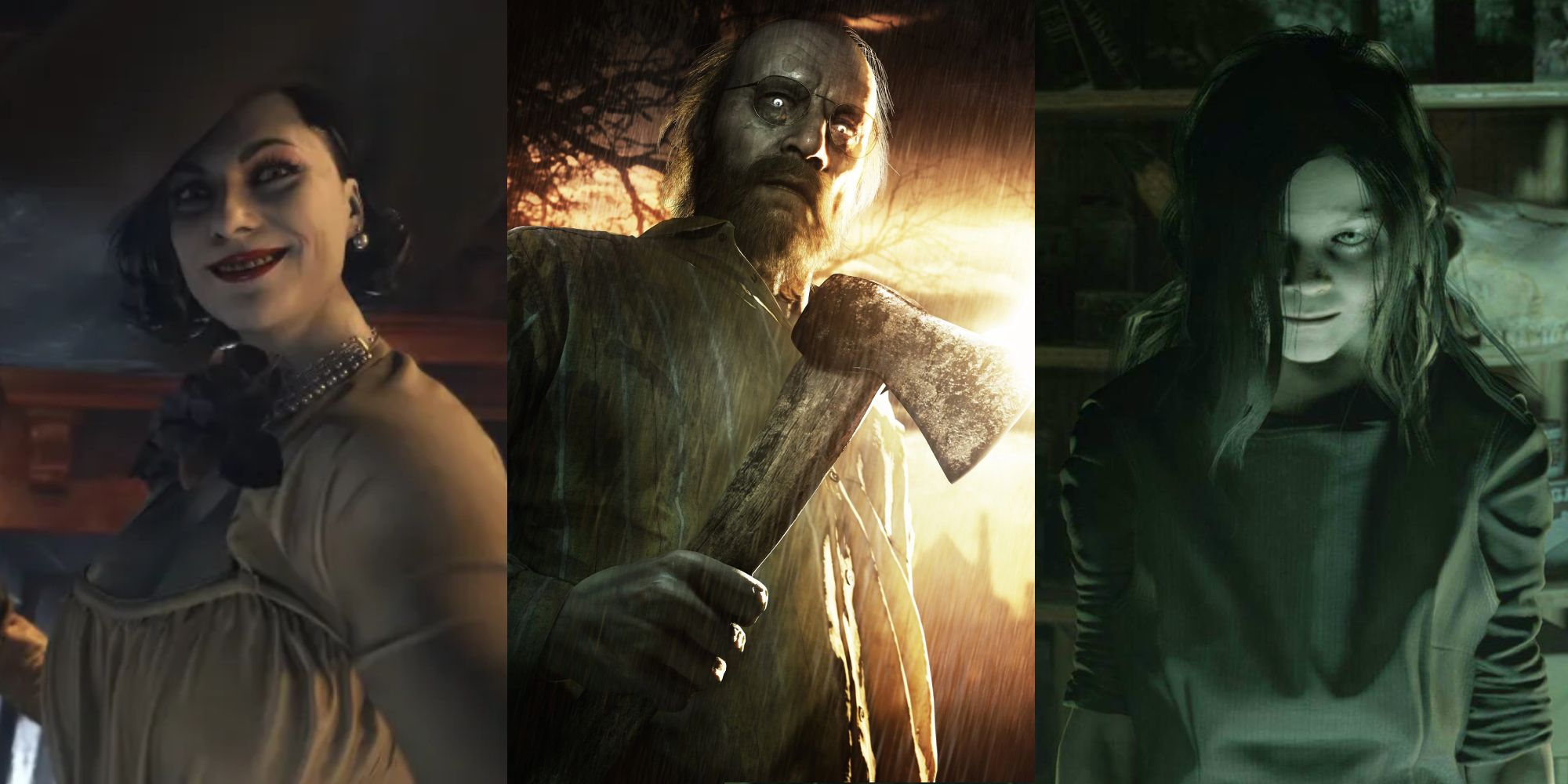 Split image: Alcine Dimitrescu from RE8, Jack Baker and Eveline from RE7. New proposed thumbnail image for article. 
