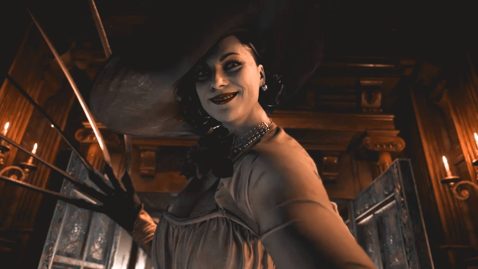 Resident Evill Village Lady Dimitrescu threatening smile