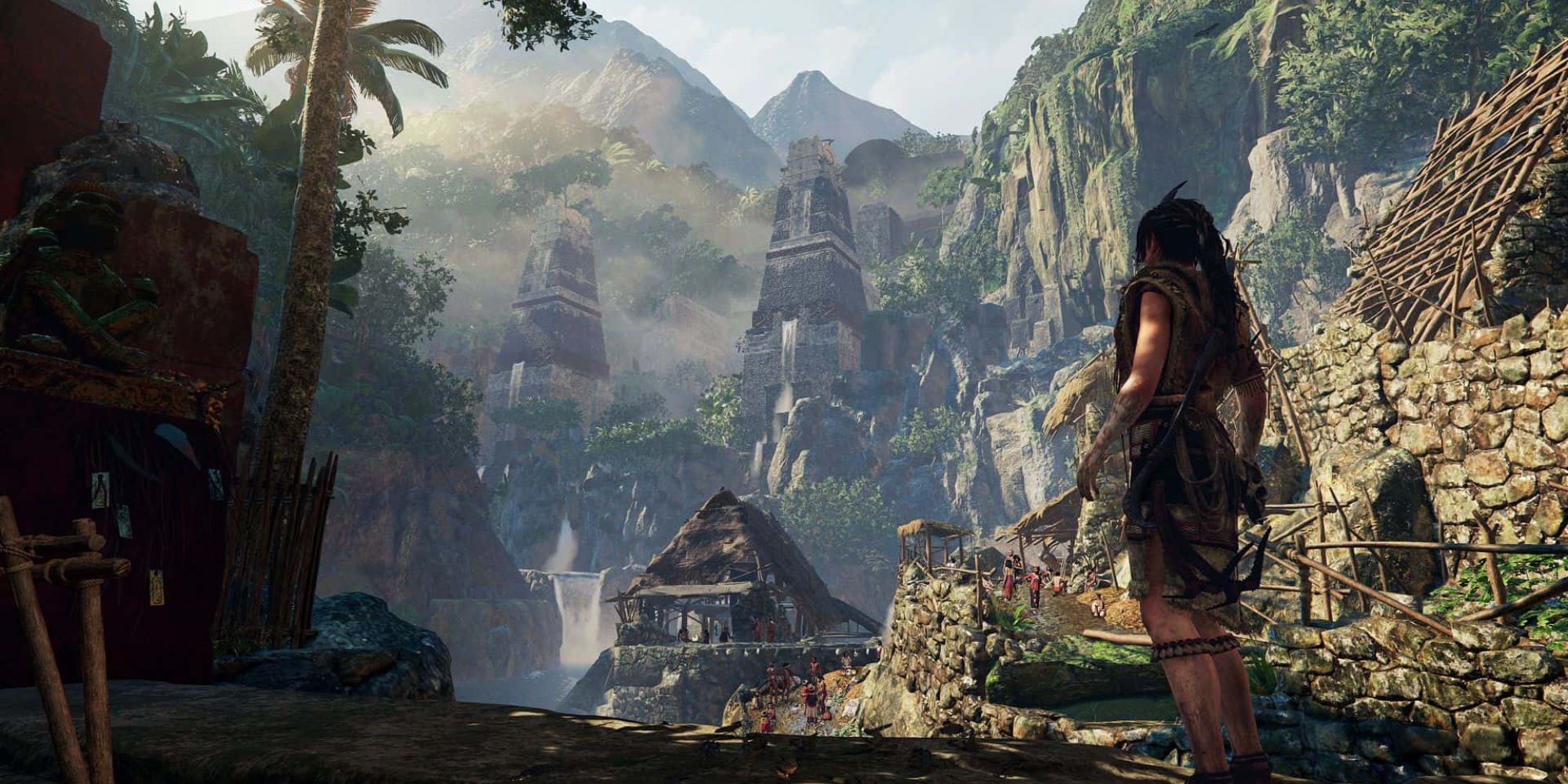 Lara Croft overlooking a temple ahead of her in the Tomb Raider series