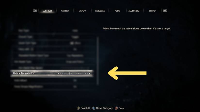 image showing the reticle deceleration settings for aim assist in the re4 remake.