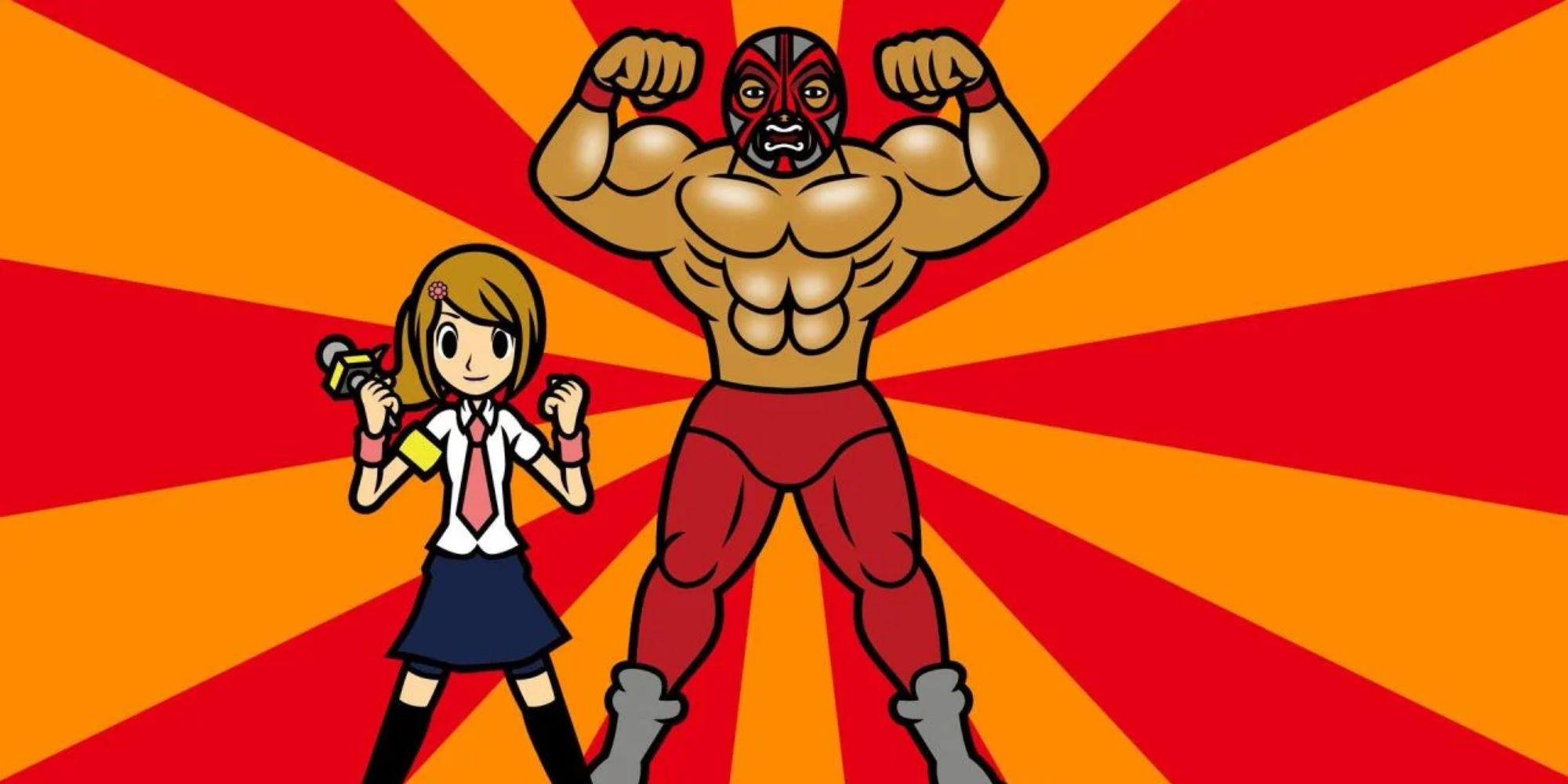 Wrestlers and reporters at Rhythm Heaven