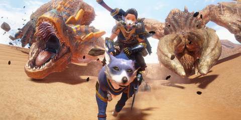 A hunter on a Palamute chased by Tigrex and Diablos