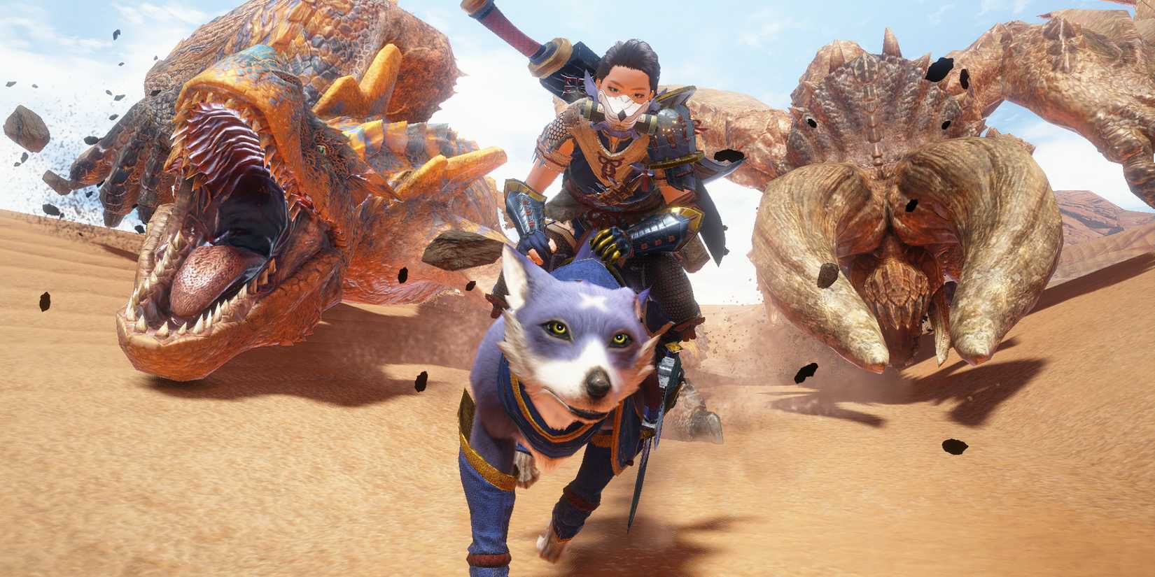 A hunter on a Palamute chased by Tigrex and Diablos