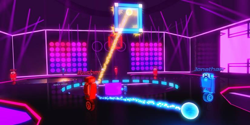 A red team and blue team shooting at targets and each other in Robot Roller Derby Disco Dodgeball