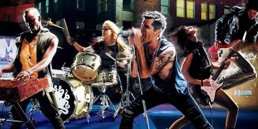 The cover art of Rock Band 3 featuring multiple guitarists, a singer, a drummer, and a pianist