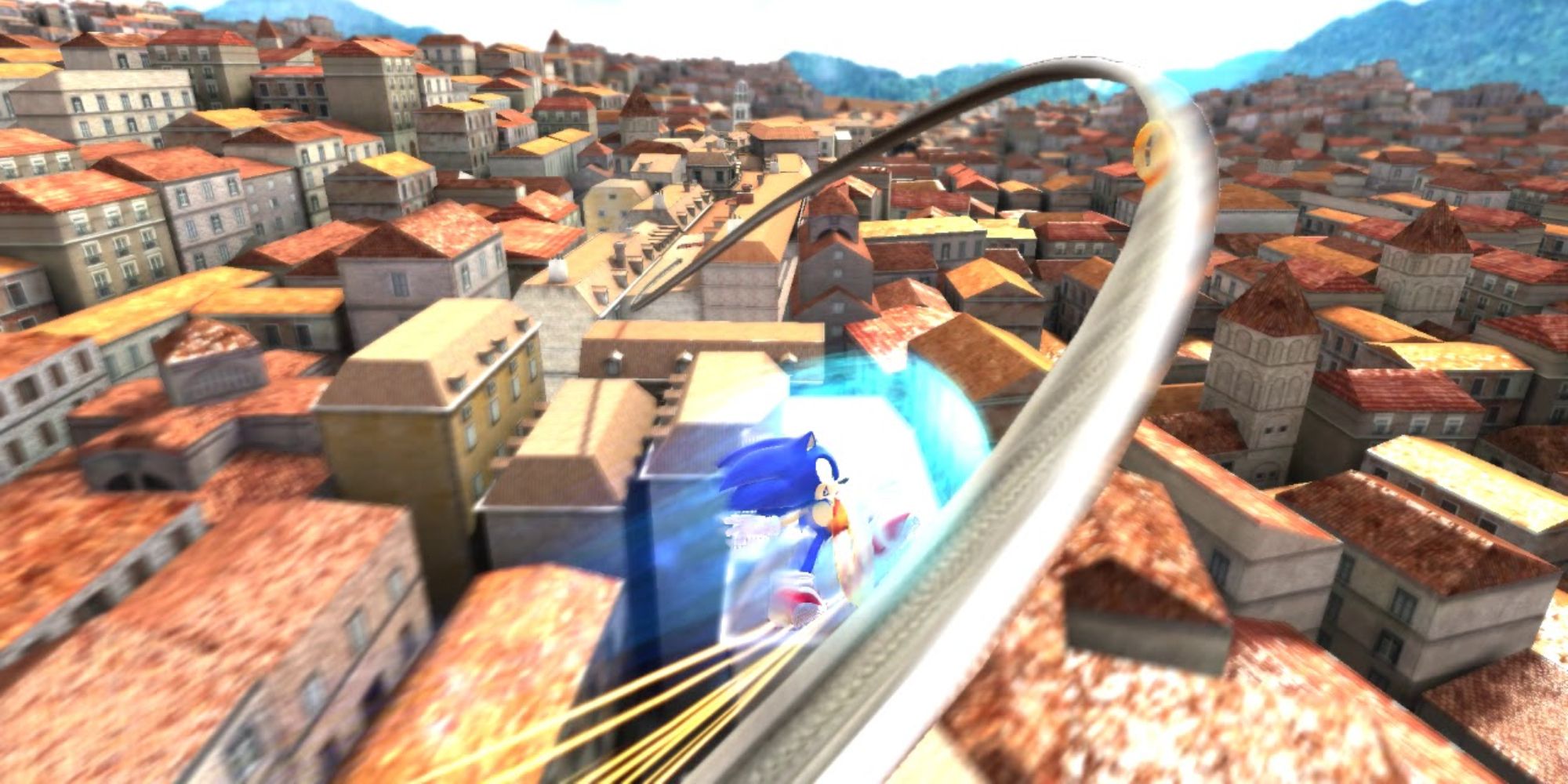 Sonic grinding on rails over rooftops
