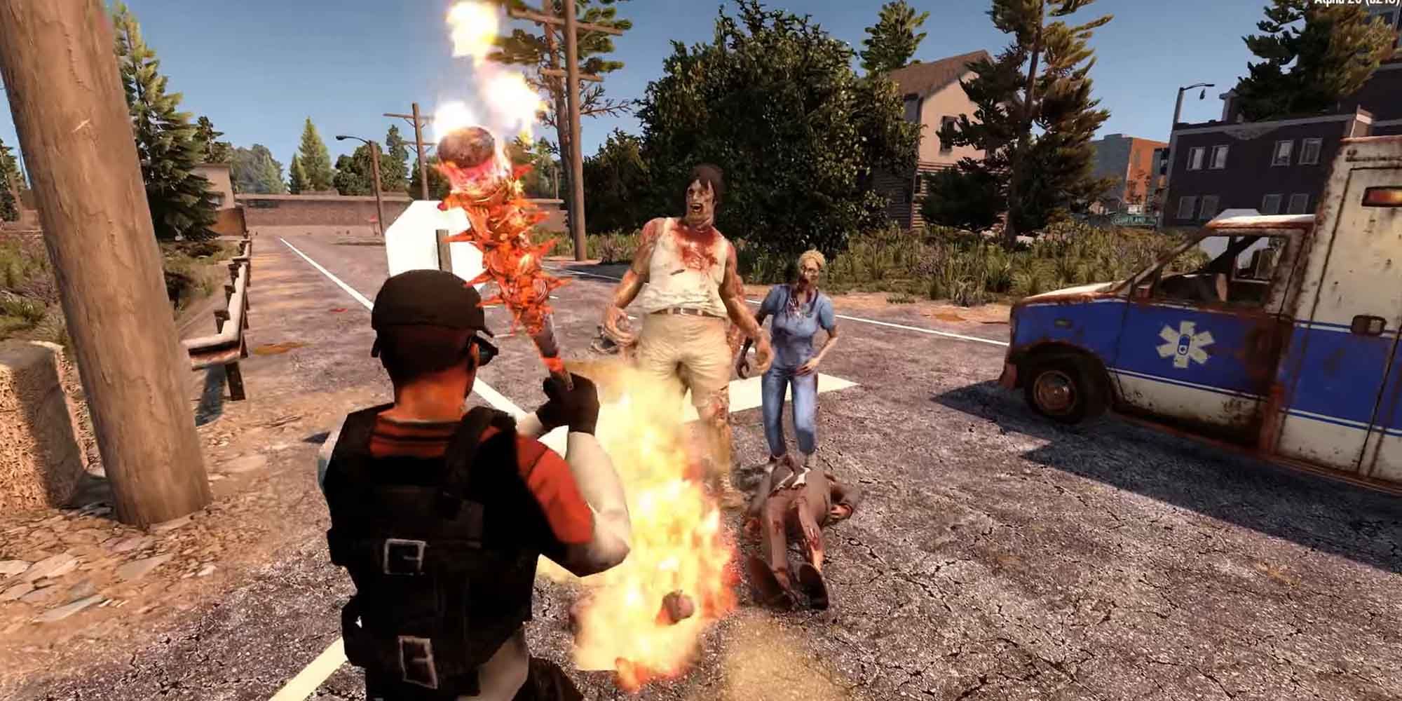 Attacking zombies with a flaming bat in 7 Days to Die