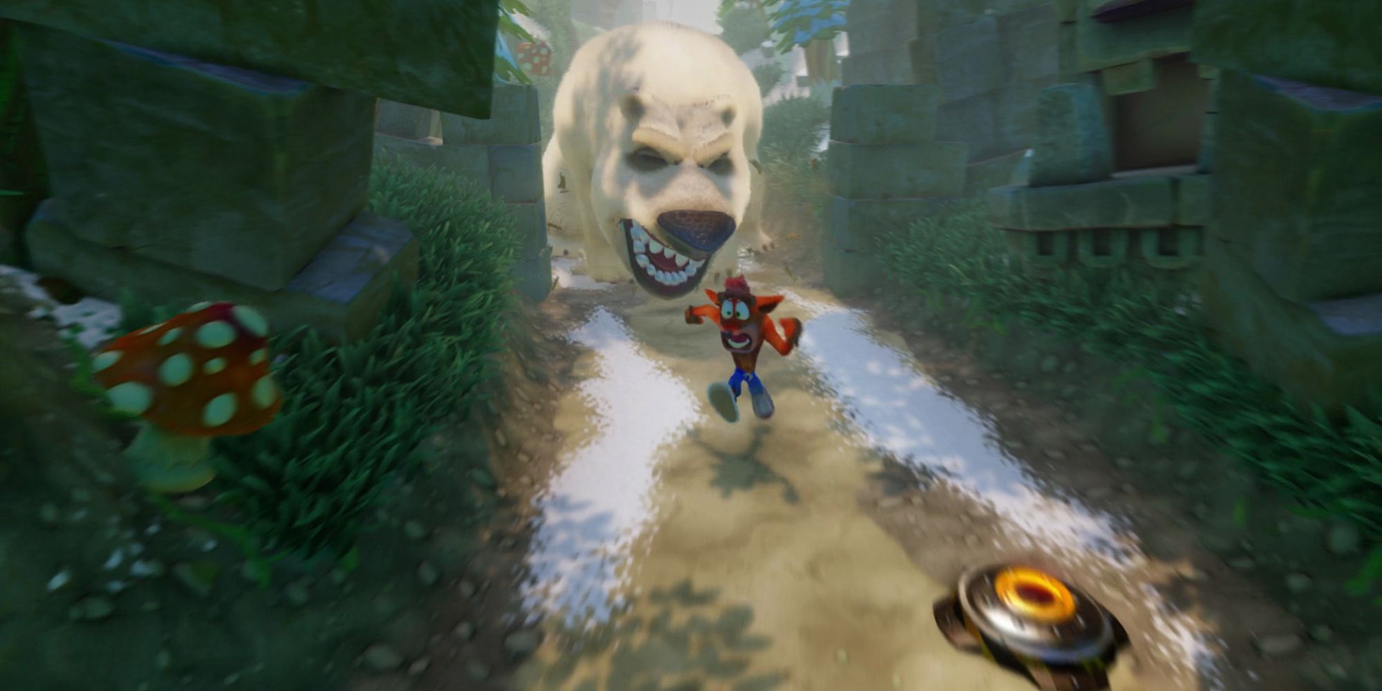Crash Bandicoot running away from a giant angry polar bear in Crash Bandicoot 2: Cortex Strikes Back