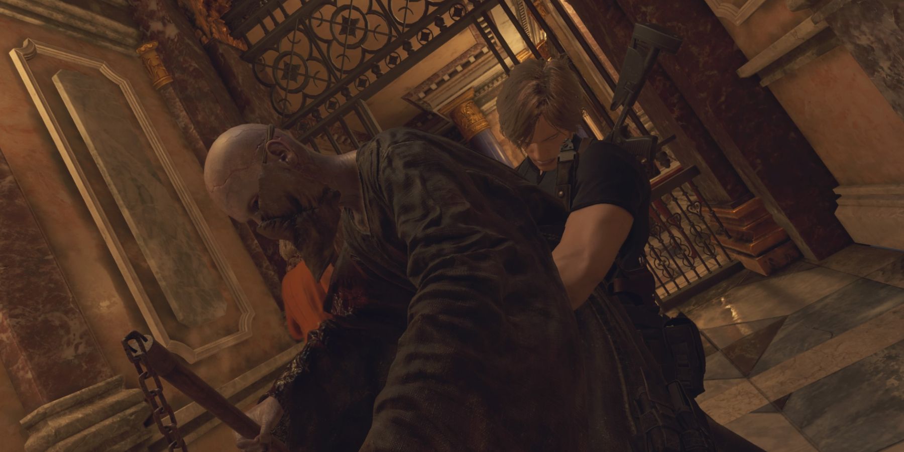 Leon grabs a Cultist in Resident Evil 4 remake