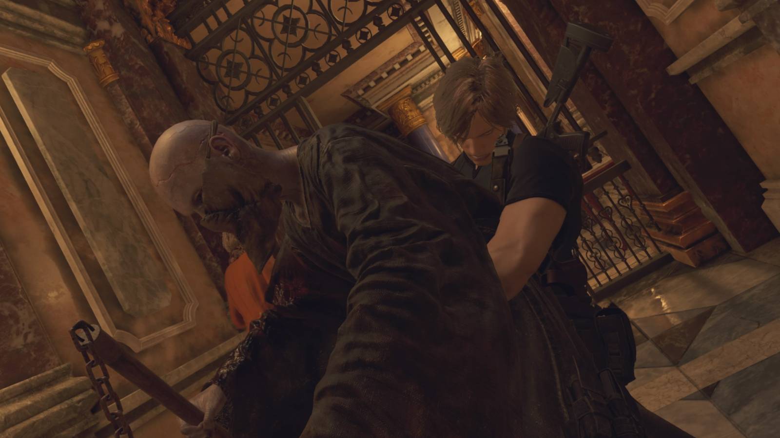 Leon grabs a Cultist in Resident Evil 4 remake