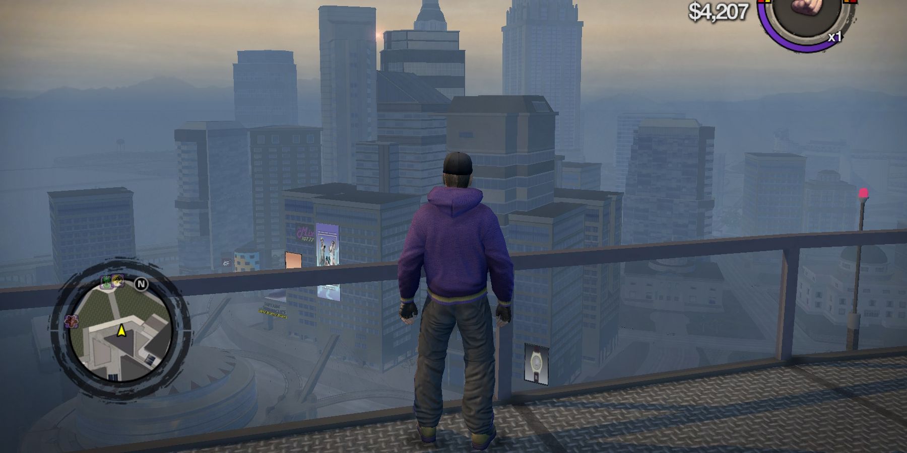 The player character facing the city of Stilwater in Saints Row 2